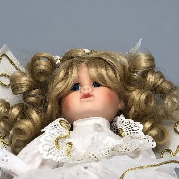 Angle white gold trim blond lace wings china doll 11" tall READ - Picture 2 of 11